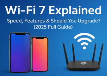 Wi-Fi 7 technology concept showing high-speed wireless internet connection with modern devices