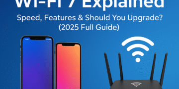 Wi-Fi 7 technology concept showing high-speed wireless internet connection with modern devices