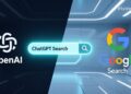 Comparative feature image showing OpenAI ChatGPT Search interface versus Google Search, highlighting AI search revolution and future of SEO in 2026