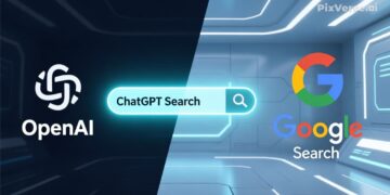 Comparative feature image showing OpenAI ChatGPT Search interface versus Google Search, highlighting AI search revolution and future of SEO in 2026