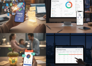 A modern digital dashboard showing personal finance apps, budgeting charts, and money tracking tools used in the USA in 2026.