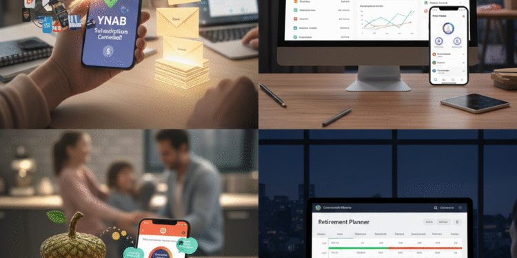A modern digital dashboard showing personal finance apps, budgeting charts, and money tracking tools used in the USA in 2026.