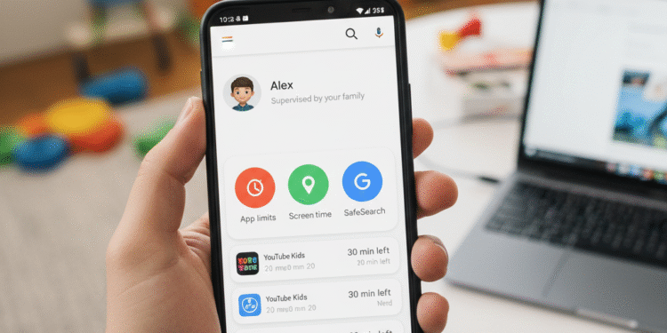 Google Family Link app showing screen time limits and child device controls.