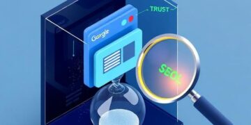 Visual metaphor for Google's indexing delay: a website icon in a transparent waiting room being inspected by a magnifying glass, with trust signals approaching.