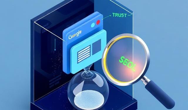 Visual metaphor for Google's indexing delay: a website icon in a transparent waiting room being inspected by a magnifying glass, with trust signals approaching.