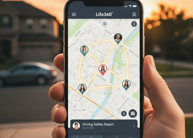 Life360 app showing real-time family location tracking and driving safety alerts.