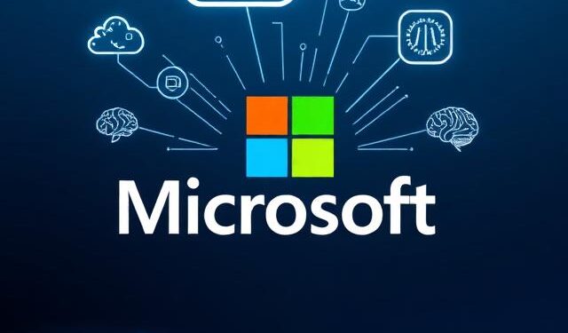 A visual representation of Microsoft's AI transformation, showing the modern Microsoft logo integrated with cloud technology and artificial intelligence neural networks.