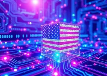 Visualization of quantum computing technology and quantum bits revolutionizing American innovation by 2026 with glowing quantum circuits and data processing