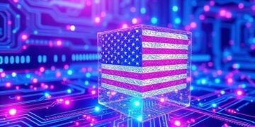 Visualization of quantum computing technology and quantum bits revolutionizing American innovation by 2026 with glowing quantum circuits and data processing