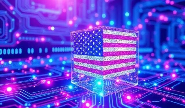 Visualization of quantum computing technology and quantum bits revolutionizing American innovation by 2026 with glowing quantum circuits and data processing