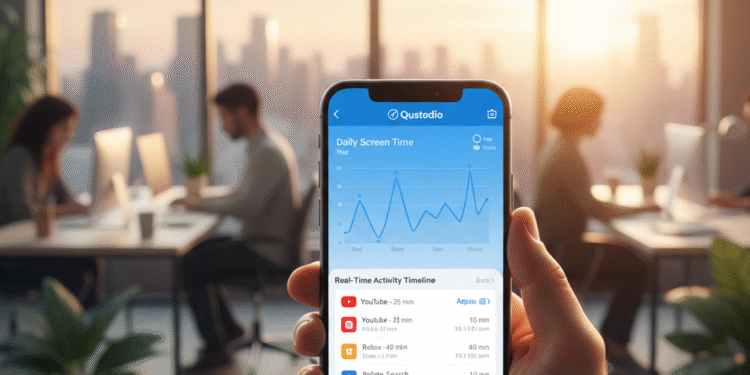 Qustodio dashboard showing screen time limits and app usage monitoring for children.