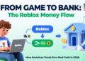 Infographic showing American teen earning real money from Roblox game development, with virtual to cash flow visualization for parents guide 2026