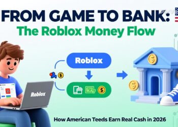 Infographic showing American teen earning real money from Roblox game development, with virtual to cash flow visualization for parents guide 2026