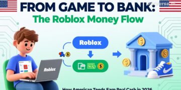 Infographic showing American teen earning real money from Roblox game development, with virtual to cash flow visualization for parents guide 2026