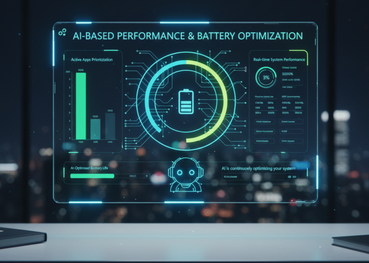 Dashboard showing AI optimizing laptop battery and CPU performance.