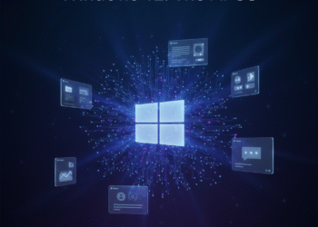 Futuristic Windows 12 desktop showing AI neural networks and Copilot logo.