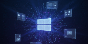 Futuristic Windows 12 desktop showing AI neural networks and Copilot logo.