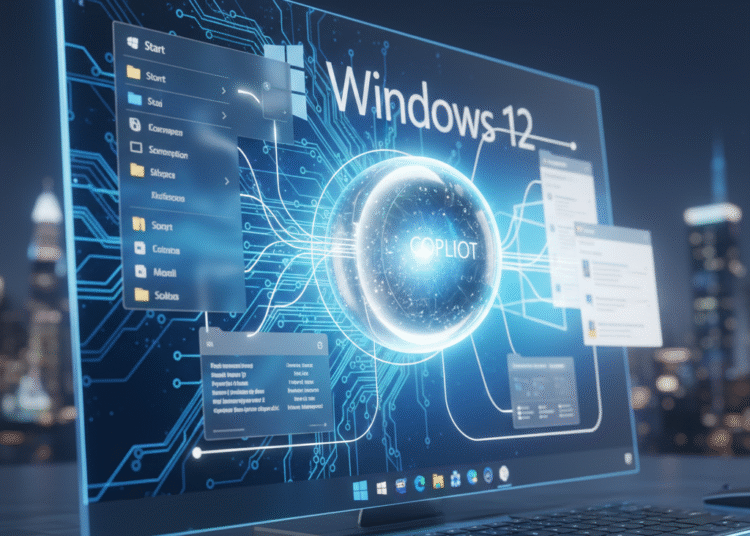 Microsoft Copilot embedded in Windows 12 Start Menu and taskbar.