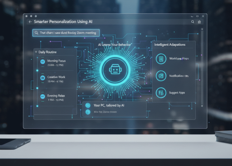 Windows 12 desktop adapting layout based on user's daily work routine.