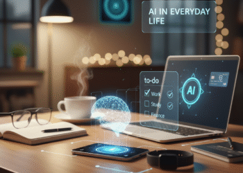 How to use artificial intelligence in daily life illustration with smartphone and AI apps